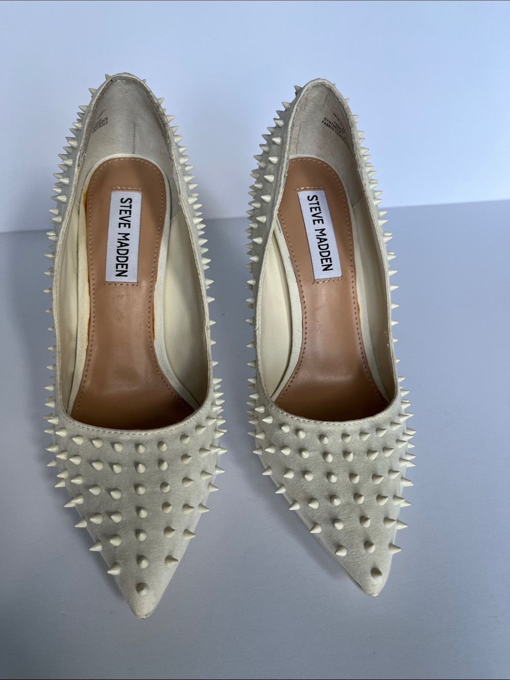Steve Madden Ivory Spike-Embellished Pointed Toe Stilettos.